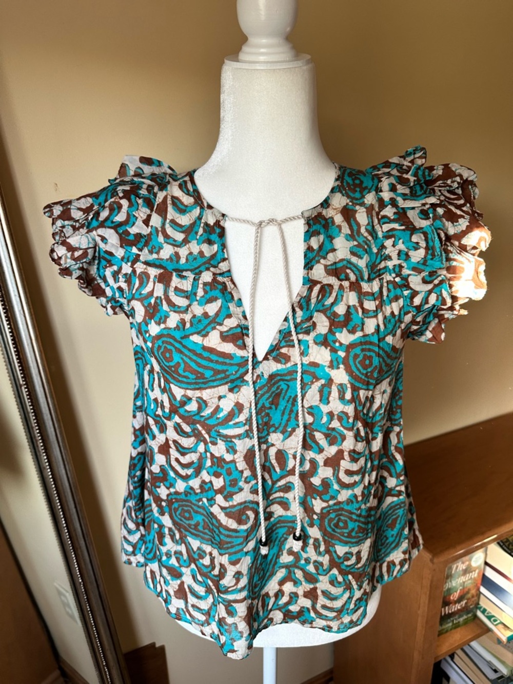 House of Harlow 1960 Teal Brown Batik Paisley Cotton Blouse XS Boho Ruffle